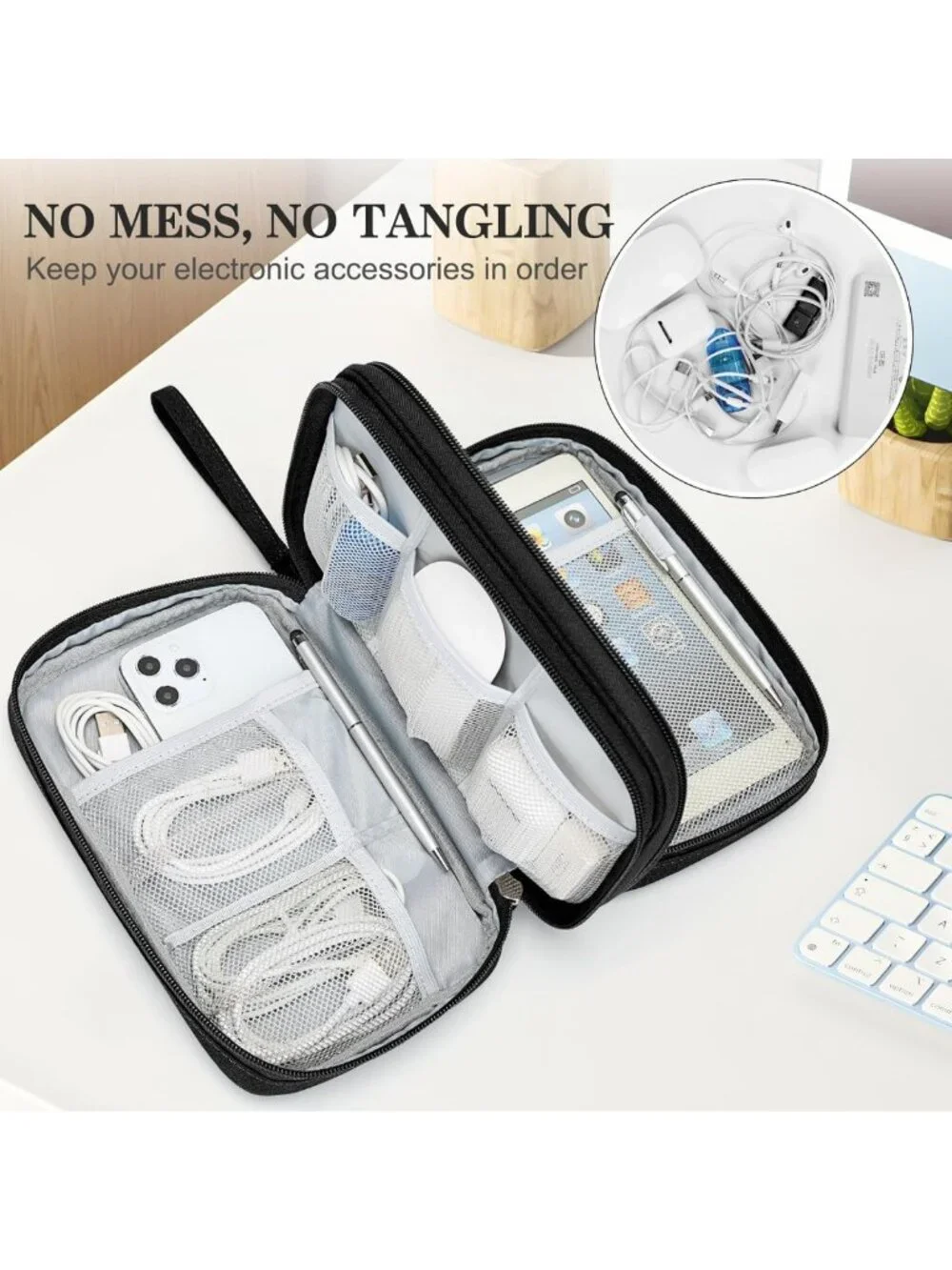 Large Waterproof Travel Cable Organizer Bag - Portable Double Layer Pouch for